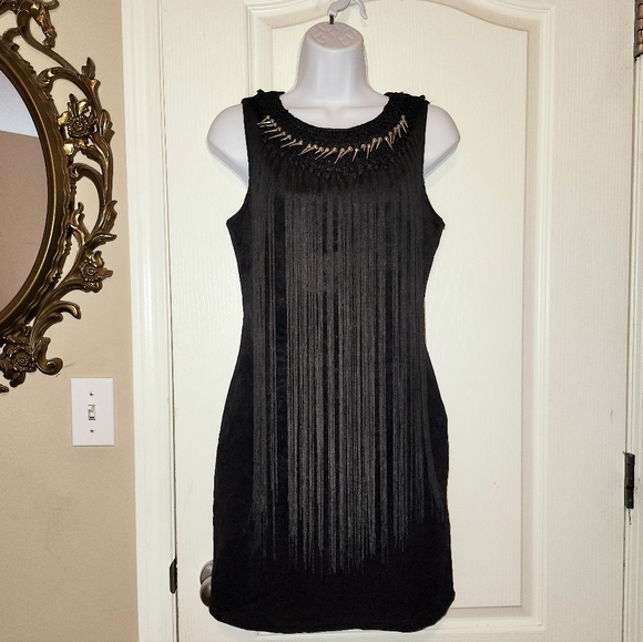 Black fringe tank style bodycon dress with spiked studs and fringe sz Large NWT - Picture 7 of 12
